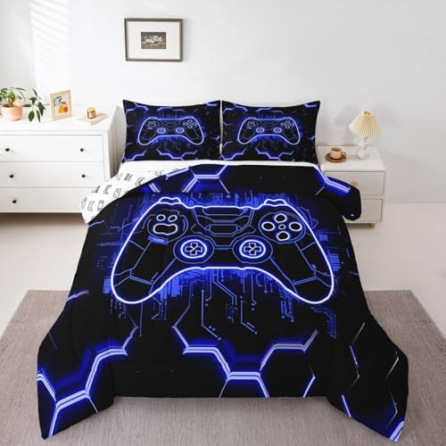Feelyou Kids Blue Gamer Comforter Set Toddler Size, Honeycomb Gaming Comforter Boys Girls Modern Game Console Bedding Set Game Teens Duvet Set Bedroom Decor with 1 Pillow Case