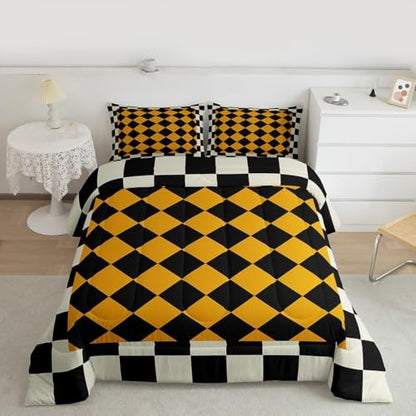Checkered Geometric Comforter Set Toddler Size Beige Yellow Plaid Bedding Set for Kids Boys Girls Checkerboard Modern Aesthetic Duvet Quilt Cute Retro Neutral Bedroom Decor 2 Pcs with 1 Pillow Cases