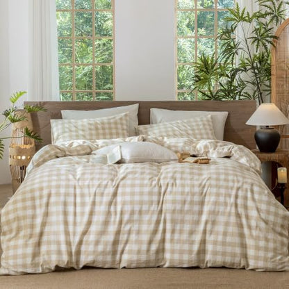 MooMee Gingham Duvet Cover Set 100% Washed Cotton Linen Like