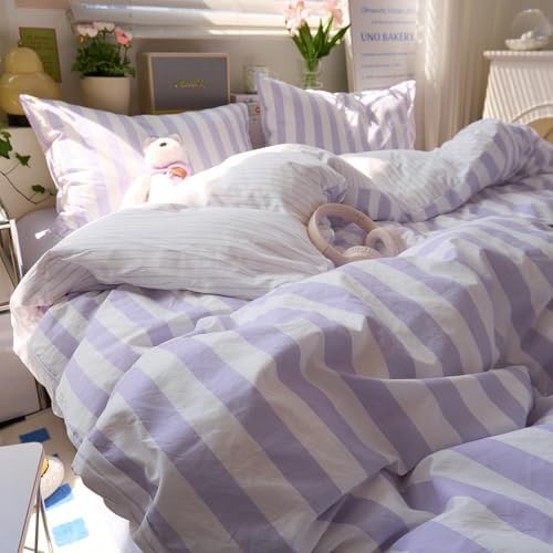 Striped Comforter Set Full Size, Vintage Purple White Stripes Pattern Printed Bedding Set, Lightweight Soft Striped Bed Comforter with 2 Pillowcases, Farmhouse 3 Piece Comforter Set for All Season