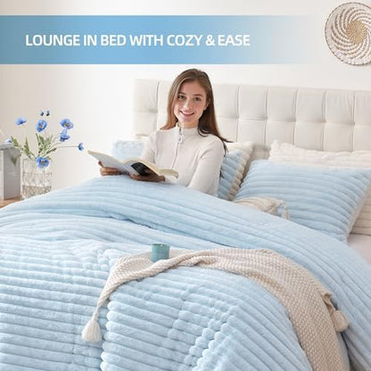 Smoofy Fluffy King Size Comforter 3 PCS - Light Blue Fleece Bedding Set