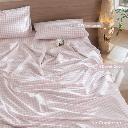 MooMee Gingham Duvet Cover Set 100% Washed Cotton Linen Like