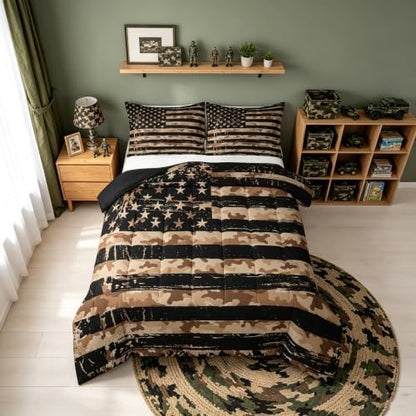Feelyou American Flag Camouflage Comforter Set Queen Bedding Set for Boys
