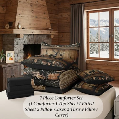Erosebridal Rustic Cabin Bedding Sets 7 Piece Camo Hunting Deer Comforter Set Twin Farmhouse Woodland Animal Bed in A Bag for Kids Boys Teen Men,Tree Camouflage Wildlife Sheet Set with Comforter