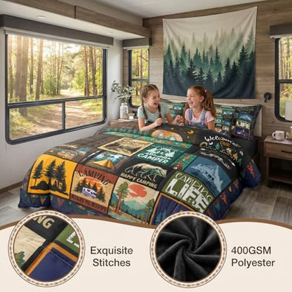 Erosebridal 7Pcs Camper Full Comforter Set for Kids Girls Boys Camping Themed Bedding Sets with Sheets RV Camping Decor, Country Farmhouse Quilts Bed Set with Fitted Sheet for Travel Trailers