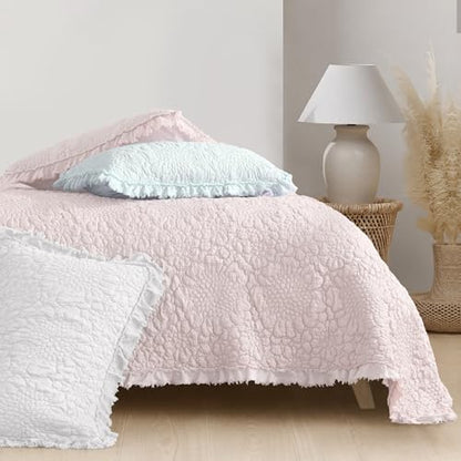 HORIMOTE HOME Pink Ruffled Quilt Twin Size, Stone-Washed Microfiber Lightweight Crinkled Farmhouse Rustic Shabby Chic Bedding Set, 2 Pieces Reversible Bedspread with Pillow Sham for All Season