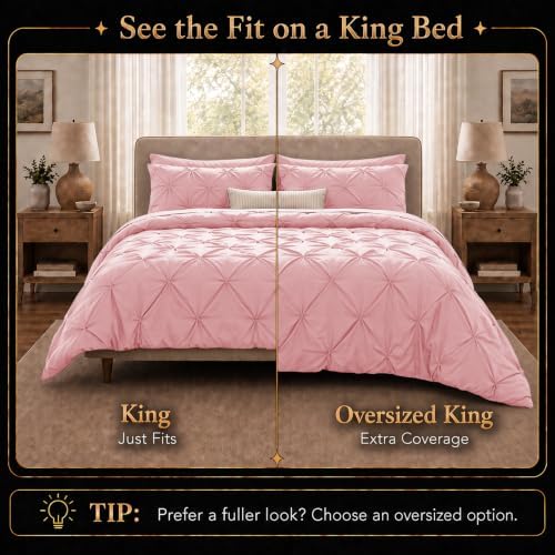 CozyLux King Size Comforter Set Pink, 7 Pieces Pintuck Bed in a Bag