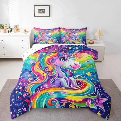 Castle Fairy Rainbow Unicorn Comforter Sets Full Size Cartoon Watercolor Unicorn Star Bedding Set for Kids Girls Boys Teens Bedroom Decor,Cute Animal Theme Duvet Quilt Soft Reversible Comforter 3 Pcs