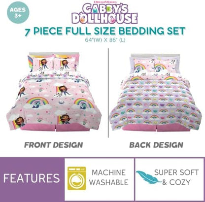 Gabby's Dollhouse Kids Full Size Bedding, 7 Piece Super Soft Cozy Reversible Comforter and Sheet Set with Sham, (Officially Licensed Product) By Franco