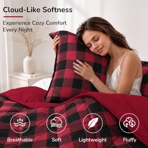 downluxe Twin Comforter Set Soft Reversible 2 Pieces, Plaid Red/Black