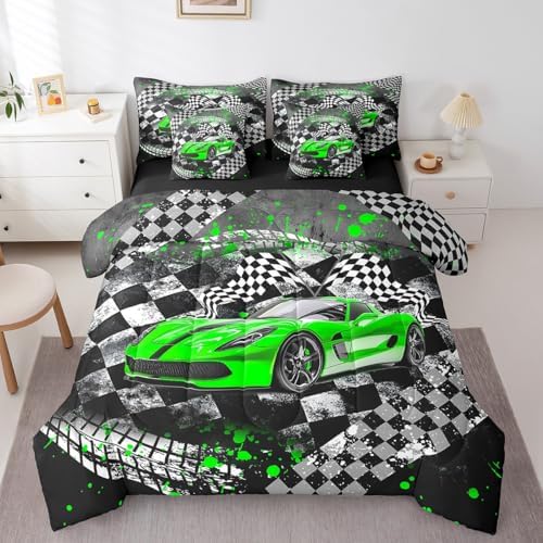 Racing Kids Boys Comforter Set 7 Pieces,Cartoon Car Sport Bed Set,Cool Race Car Teens Men Bedding Bed in a Bag Soft,Twin (1 Comforter,2 Pillowcase,2 Pillow Covers,1 Flat Sheet,1 Fitted Sheet)