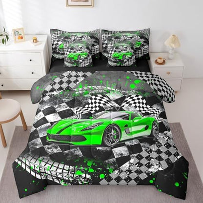 Racing Kids Boys Comforter Set 7 Pieces,Cartoon Car Sport Bed Set,Cool Race Car Teens Men Bedding Bed in a Bag Soft,Full (1 Comforter,2 Pillowcase,2 Pillow Covers,1 Flat Sheet,1 Fitted Sheet)