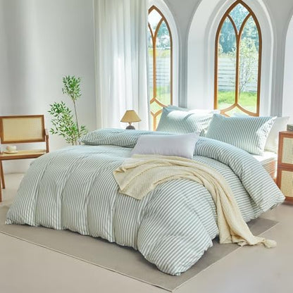 Sage Green Striped Duvet Cover Set King 100% Washed Cotton Linen Feel
