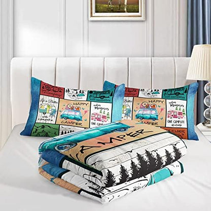 HOSIMA Happy Camping Decor Comforter Set,Cartoon Camper Bedding Queen Size for Kids Teen Girls Boys Room Decor,Camper Accessories for Travel Trailers Themed Bedding with 2 Pillowcases.