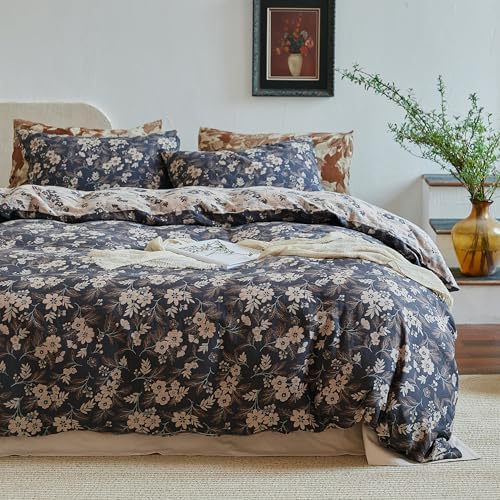 Simple&Opulence Muslin Duvet Cover Set Queen Size, 100% Washed Cotton 3 Pieces Yarn-Dyed Vintage Navy Floral Jacquard Textured Bedding, Soft & Breathable Gauze Comforter Cover with Zipper Closure