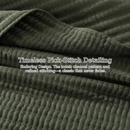 WDCOZY Olive Green King Size Pick Stitch Quilt Set, 3 Pieces 104x90 inches