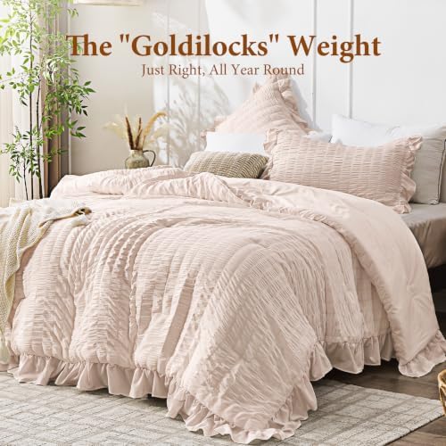 JOLLYVOGUE Oversized King Comforter Set, 3 Pieces Beige Seersucker Comforters, Lightweight & Fluffy Bedding Sets for All Season with 1 Ruffle Comforter and 2 Ruffle Pillowshams