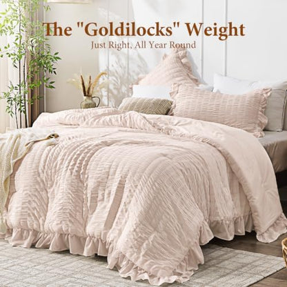 JOLLYVOGUE Oversized King Comforter Set, 3 Pieces Beige Seersucker Comforters, Lightweight & Fluffy Bedding Sets for All Season with 1 Ruffle Comforter and 2 Ruffle Pillowshams
