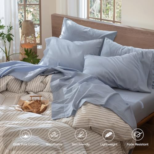 MooMee Sheet Set 100% Washed Cotton Linen-Like Extra Deep Pocket Queen