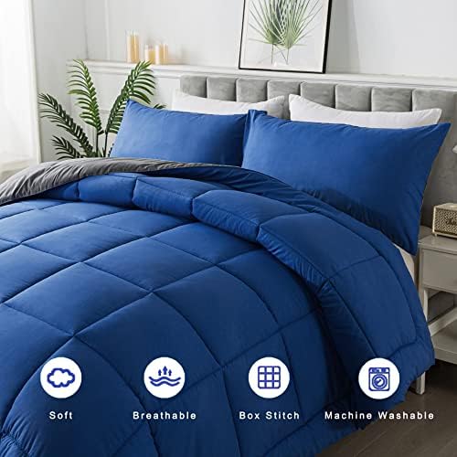 DOWNCOOL Queen Comforter Set -All Season Bedding Comforters Sets with 2 Pillow Cases-3 Pieces Bedding Sets Queen -Down Alternative Blue/Grey Queen Size Comforter Sets(88"x92")