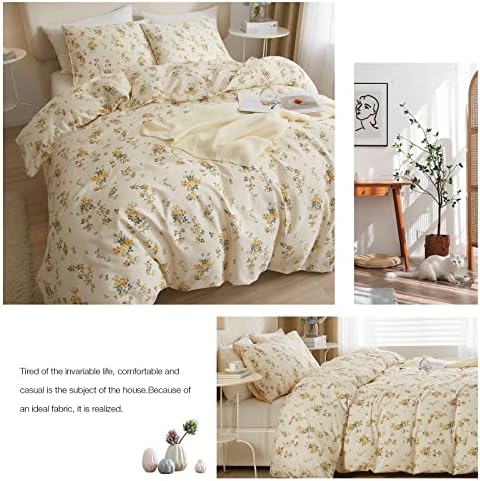 VM VOUGEMARKET Yellow Floral Duvet Cover Queen 3 Pieces Cotton Girls Cottagecore Bedding Set,Rose Flower Comforter Cover with Zipper Closure,Vintage Country Bedding 90x90