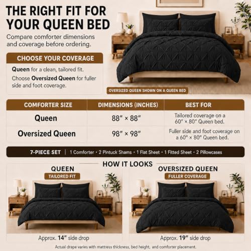 HIMEET Oversized Queen Comforter Set Black - 7 Pieces Pintuck Bed in a Bag