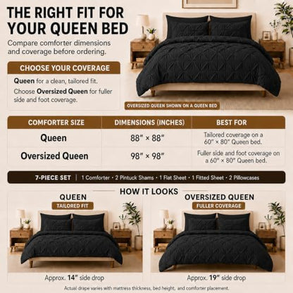 HIMEET Oversized Queen Comforter Set Black - 7 Pieces Pintuck Bed in a Bag