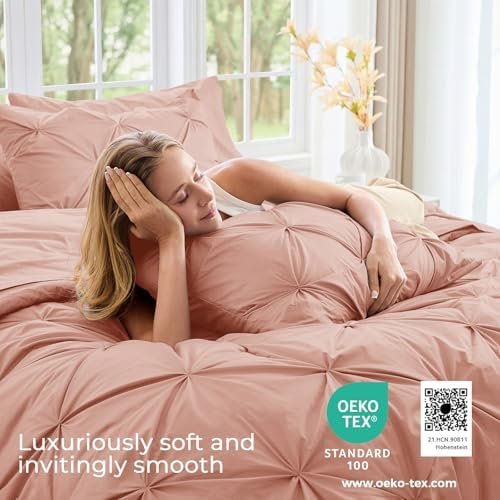 Sasttie Twin Comforter Set, 5-Piece Bed in a Bag, Pintuck Bedding Sets for All Season, Includes Comforter, Flat Sheet, Fitted Sheet, Pillowcase and Pillowsham, Blush