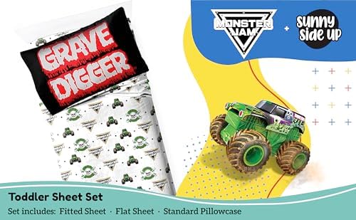 Sunny Side Up Monster Jam Grave Digger Toddler Sheet Set - 3 Piece Toddler Bedding Set Includes Pillow Cover - Super Soft Microfiber Sheets