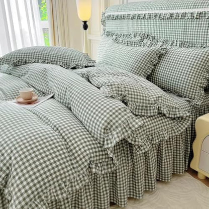 LifeTB Green Gingham Comforter Set King 3 Pieces Ruffle Plaid Comforter Set Chic Grid Bed Comforter with 2 Pillowcases Fluffy Soft Checkered Pattern Comforter Gingham Bedding Comforter King