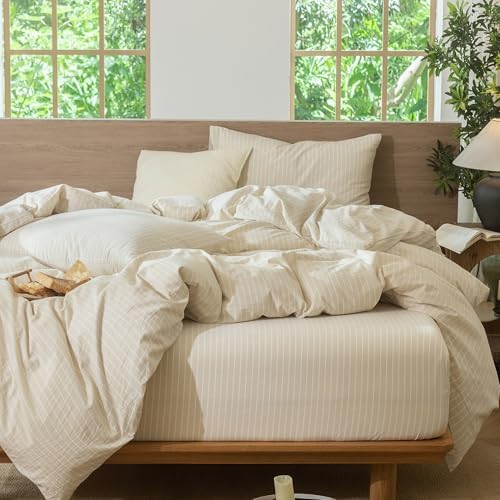 MooMee Striped Duvet Cover Set 100% Washed Cotton Linen Like Alaska King
