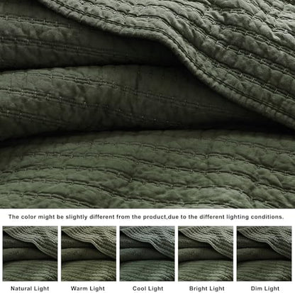 WDCOZY 100% Cotton Queen Size Quilt Set, Channel Pick Stitch, Olive Green