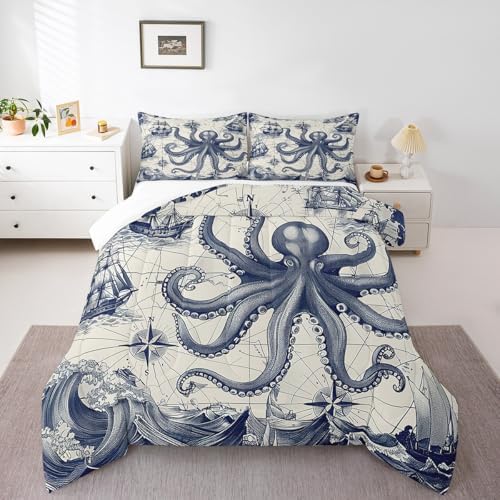 Homewish Octopus Comforter Set King Size,Nautical Ocean Map Bedding Set 3Pcs for Kids Girls Boys Teens Room Decor,Sea Animals Quilt Set Vintage Grey Blue Duvet Insert,2 Pillowcases