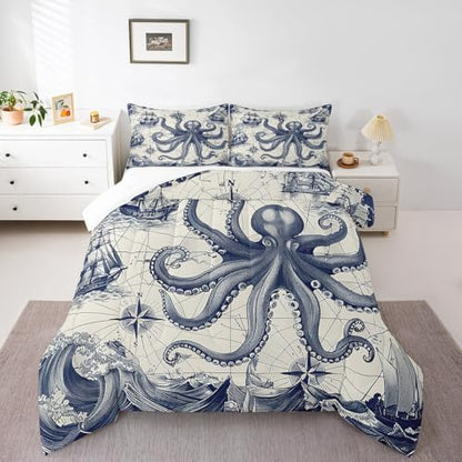 Homewish Octopus Comforter Set King Size,Nautical Ocean Map Bedding Set 3Pcs for Kids Girls Boys Teens Room Decor,Sea Animals Quilt Set Vintage Grey Blue Duvet Insert,2 Pillowcases