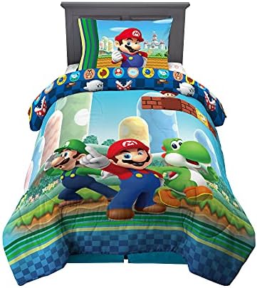 Super Mario Kids Twin Size Bedding, 4 Piece Super Soft Cozy Reversible Comforter and Sheet Set, (Officially Licensed Product) By Franco
