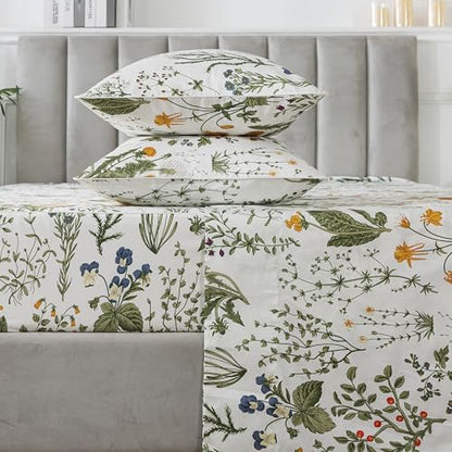 FADFAY 100% Egyptian Cotton Sheets King Botanical Printed Floral Sheets Yellow Flowers & Leaves Pattern Farmhouse Bedding Soft and Breathable French Country Bedding 4Pcs Deep Pocket King Sheet Set
