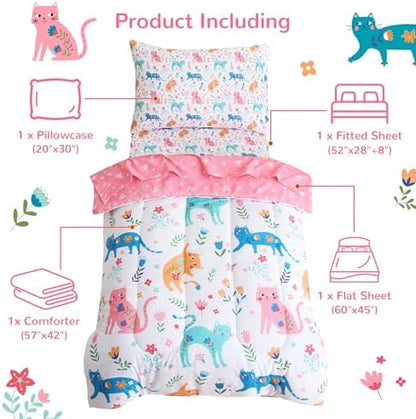 Mooreeke Toddler Bedding Sets for Girls,4 Pieces Floral Cat Printed