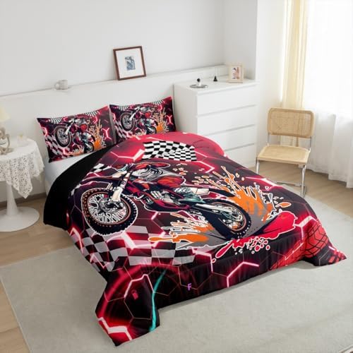 Racing Motorcycle Bedding Sets for Boys Girls,Red Neon Lights Honeycomb Comforter Set King Dirt Bike Motocross Quilt Geometric Beehive Duvet Insert,Black White Grid Lattice Buffalo Plaid Decor