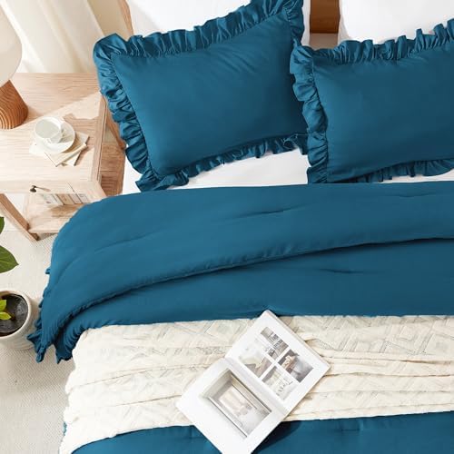 Andency Teal Comforter Set Full Size, 3 Pcs Solid Ruffle Vintage Bedding