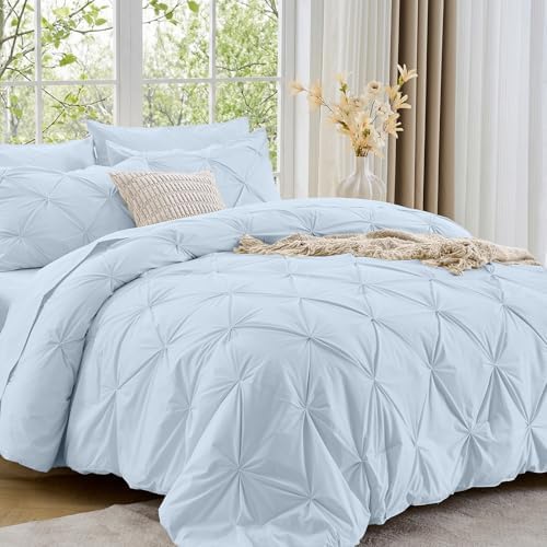 Sasttie Oversized Queen Comforter Set, 7-Piece Bed in a Bag, Pintuck Bedding Sets for All Season, Includes Comforter, Flat Sheet, Fitted Sheet, Pillowcases and Pillowshams, Light Blue