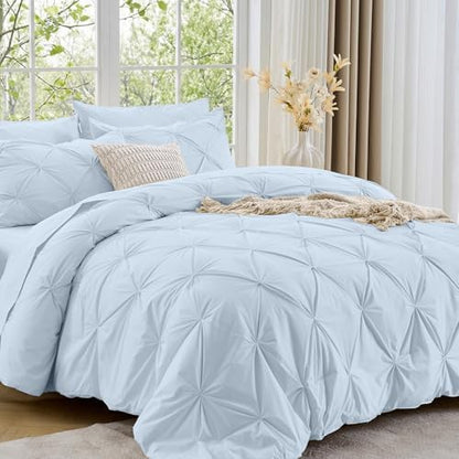 Sasttie Oversized Queen Comforter Set, 7-Piece Bed in a Bag, Pintuck Bedding Sets for All Season, Includes Comforter, Flat Sheet, Fitted Sheet, Pillowcases and Pillowshams, Light Blue