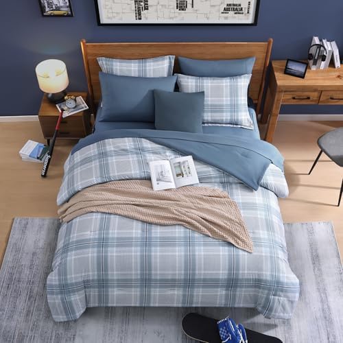 Plaid Full Size Comforter Set Light Blue 7 Pieces Farmhouse Bed in a Bag