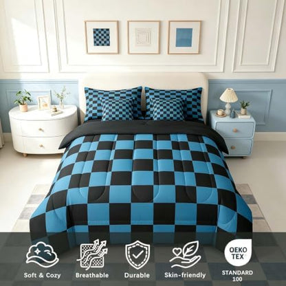 Feelyou Checkered 7 Piece Bedding Set Teen Blue Black Plaid Comforter Set with Sheets Queen Size Kids Boys Cute Retro Neutral Checkerboard Geometric Bed in a Bag Vintage Aesthetic Room Decor