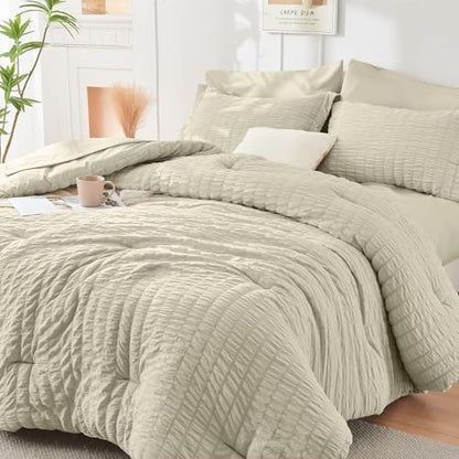 HYMOKEGE Light Linen California King Comforter Set Seersucker 7 Pieces, All Season Luxury Bed in a Bag for Bedroom, Bedding Set with Comforter, Sheets, Pillowcases & Shams