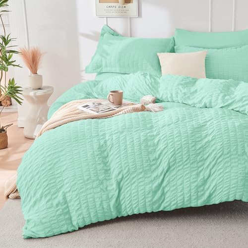 HYMOKEGE Mint Green Full Size Comforter Sets Seersucker 7 Pieces, All Season Luxury Bed in a Bag for Bedroom, Bedding Set with Comforter, Sheets, Pillowcases & Shams