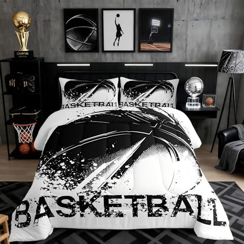 Basketball Comforter Set for Teens Sports Gaming Bedding Set Black White Graffiti Bedding Home Decor for Kids Comforter Twin Size 2 Pcs Watercolor Quilted Duvet Set 1 Comforter with 1 Pillowcase