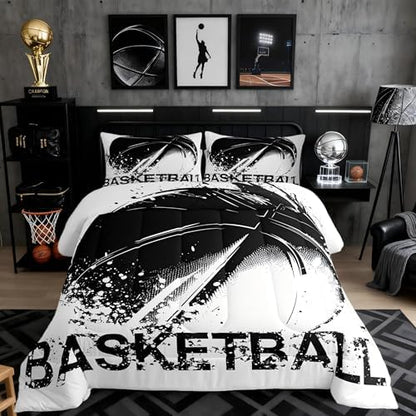 Basketball Comforter Set Queen for Boys Kids Sports Games Room Decor Black White Watercolor Comforter Aldults Bedroom Tie-dye Bedding Set 1 Comforter with 2 Pillow Cases,Lightweight Warm Soft