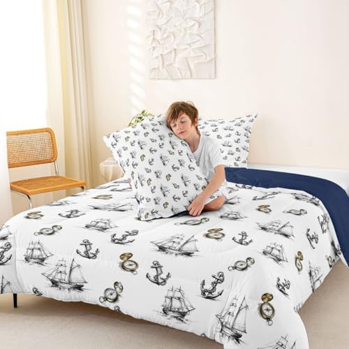 Castle Fairy Anchor Nautical Compass Comforter Set Twin Size Ships Sailboat Bedding Set 2pcs,Retro Sketch Style for Kids Boys Girls Room Decor,Ocean Adventure Piece All Season with 1 Pillowcase