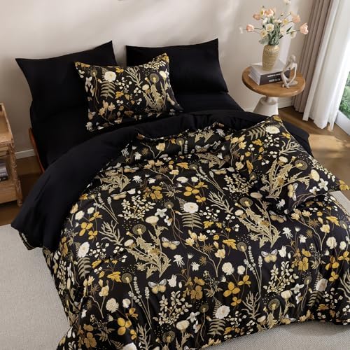 King Size Comforter Set, 7 Pieces Black Brown Floral Soft Bedding Sets Fall