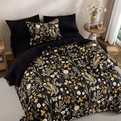 King Size Comforter Set, 7 Pieces Black Brown Floral Soft Bedding Sets Fall